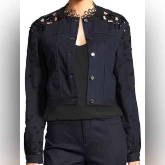 Elie Tahari Esperanza Embroidered Lace-Back Denim Jacket, Blue size M - Picture 9 of 11